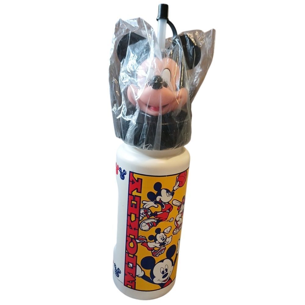 Disney VTG Mickey Mouse 14" Plastic Water Bottle Vinyl Head w/Straw NEW